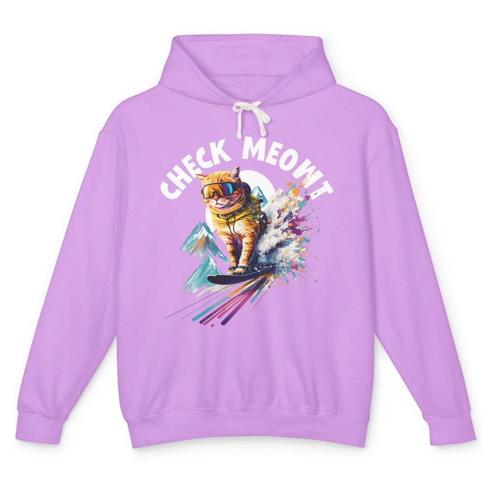 Funny Skiing Skier Check Meowt Humor Orange Cat Watercolor Unisex Lightweight Hoodie