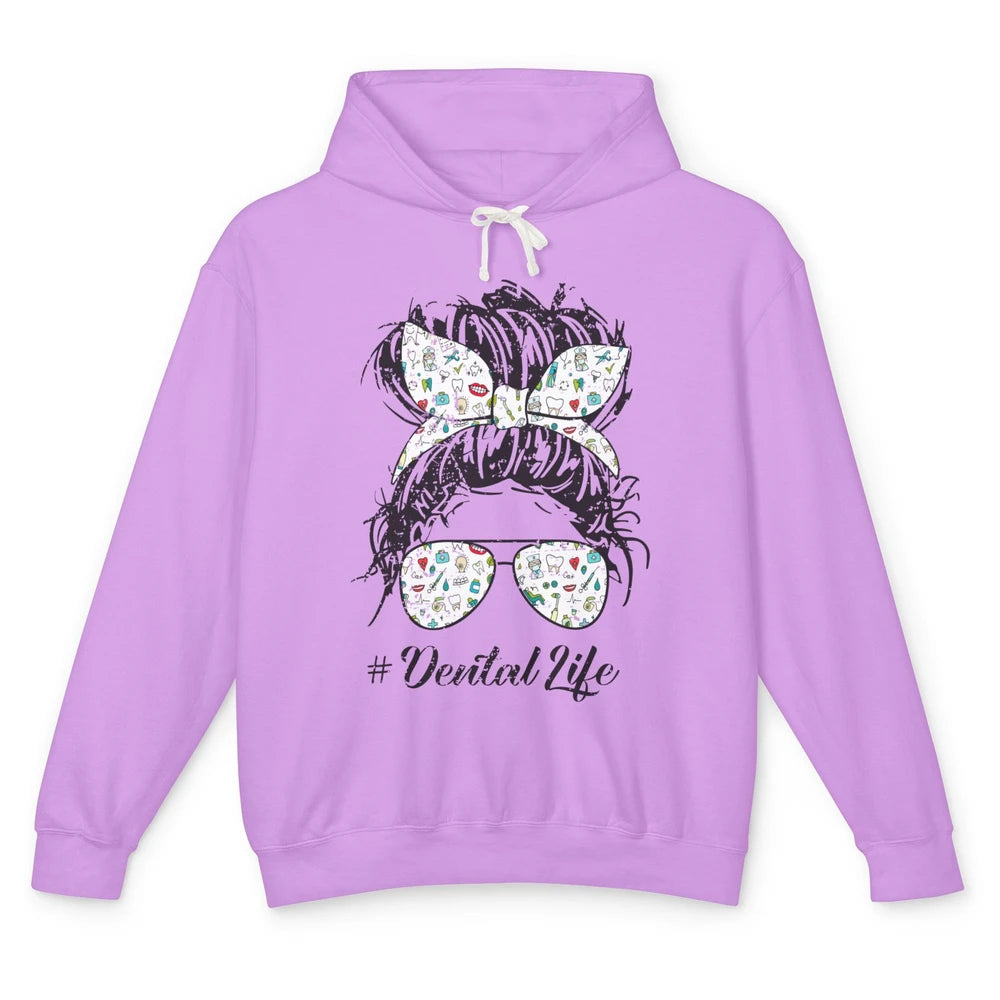 Retro Dentist Gift Dental Life Messy Bun Hair Sunglasses Unisex Lightweight Hoodie