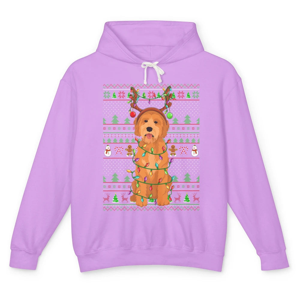 Merry Christmas Golden Doodle Dog Reindeer Xmas Lights Ugly Unisex Lightweight Hoodie