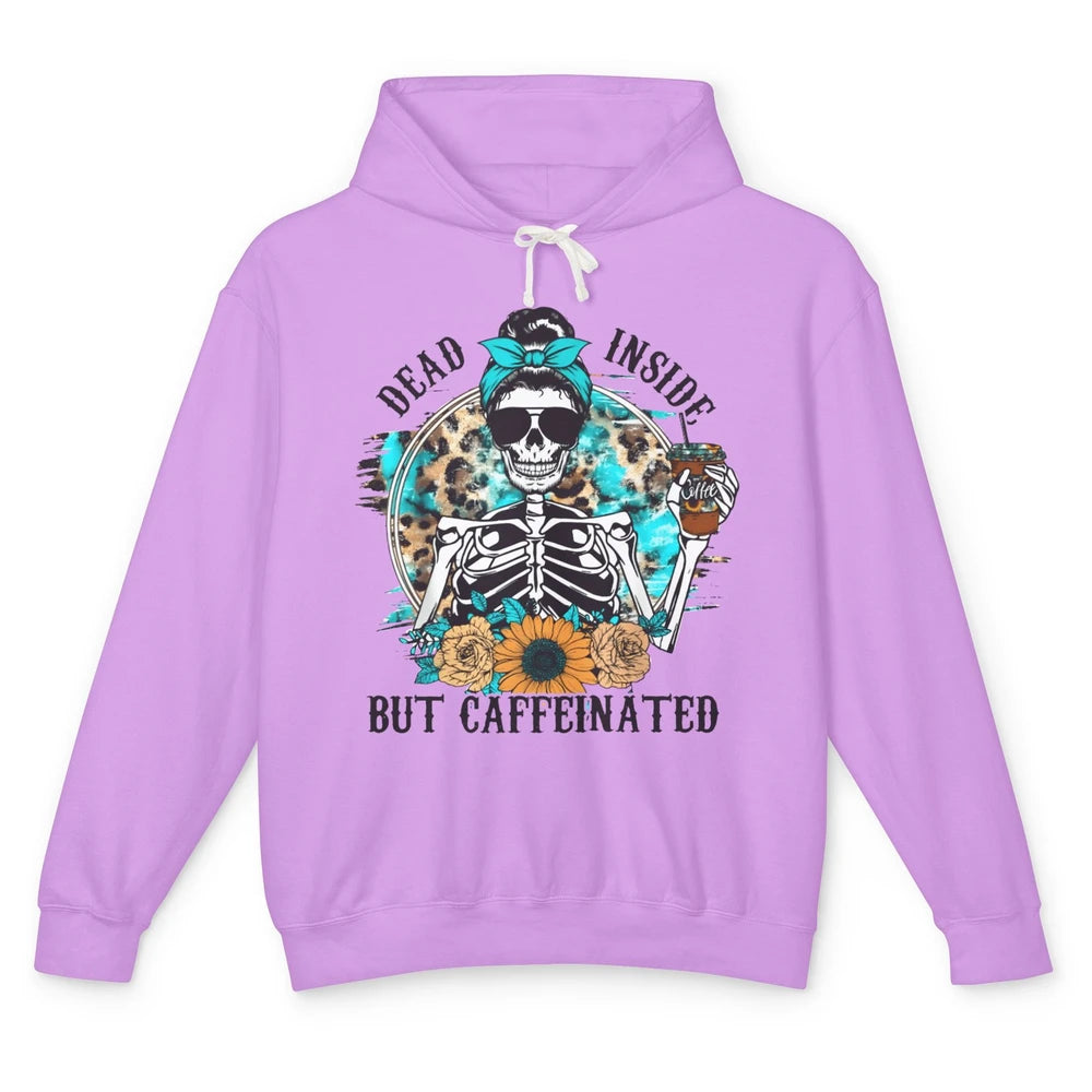 Funny Messy Bun Skull Dead Inside But Caffeinated Halloween Unisex Lightweight Hoodie