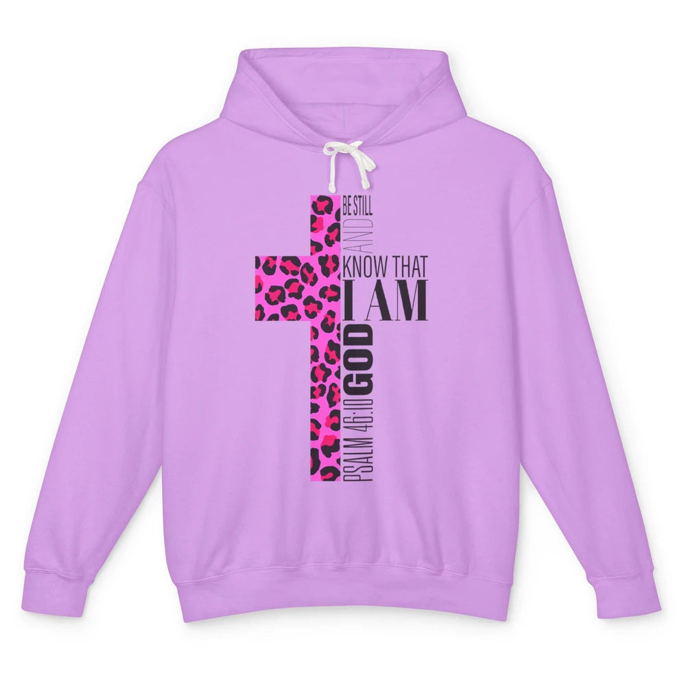 Religious Cute Be Still Bible Christian Pink Cheetah Cross Unisex Lightweight Hoodie