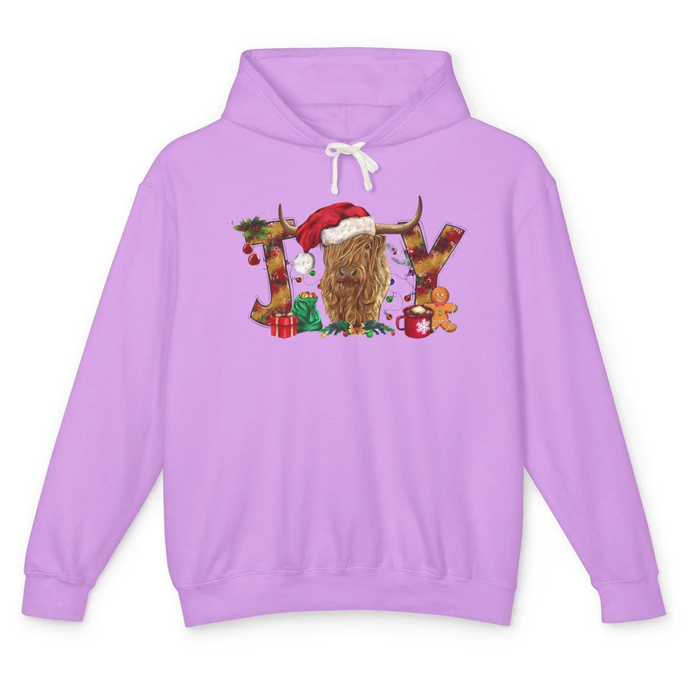 Highland Cow Joy Santa Hat Gingerbread Christmas Farm Gift Unisex Lightweight Hoodie