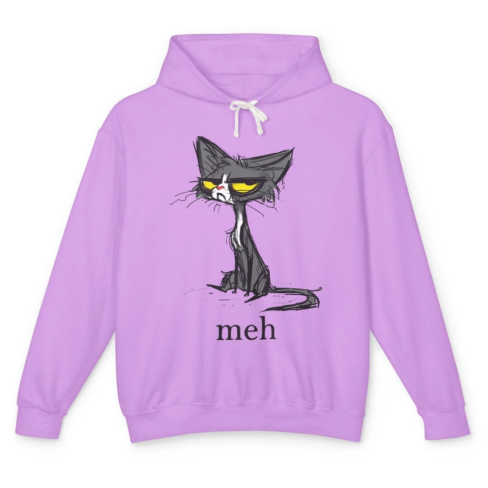 Funny Meh Grumpy Black Cat Sarcastic Kitten Angry Cat Mom Unisex Lightweight Hoodie