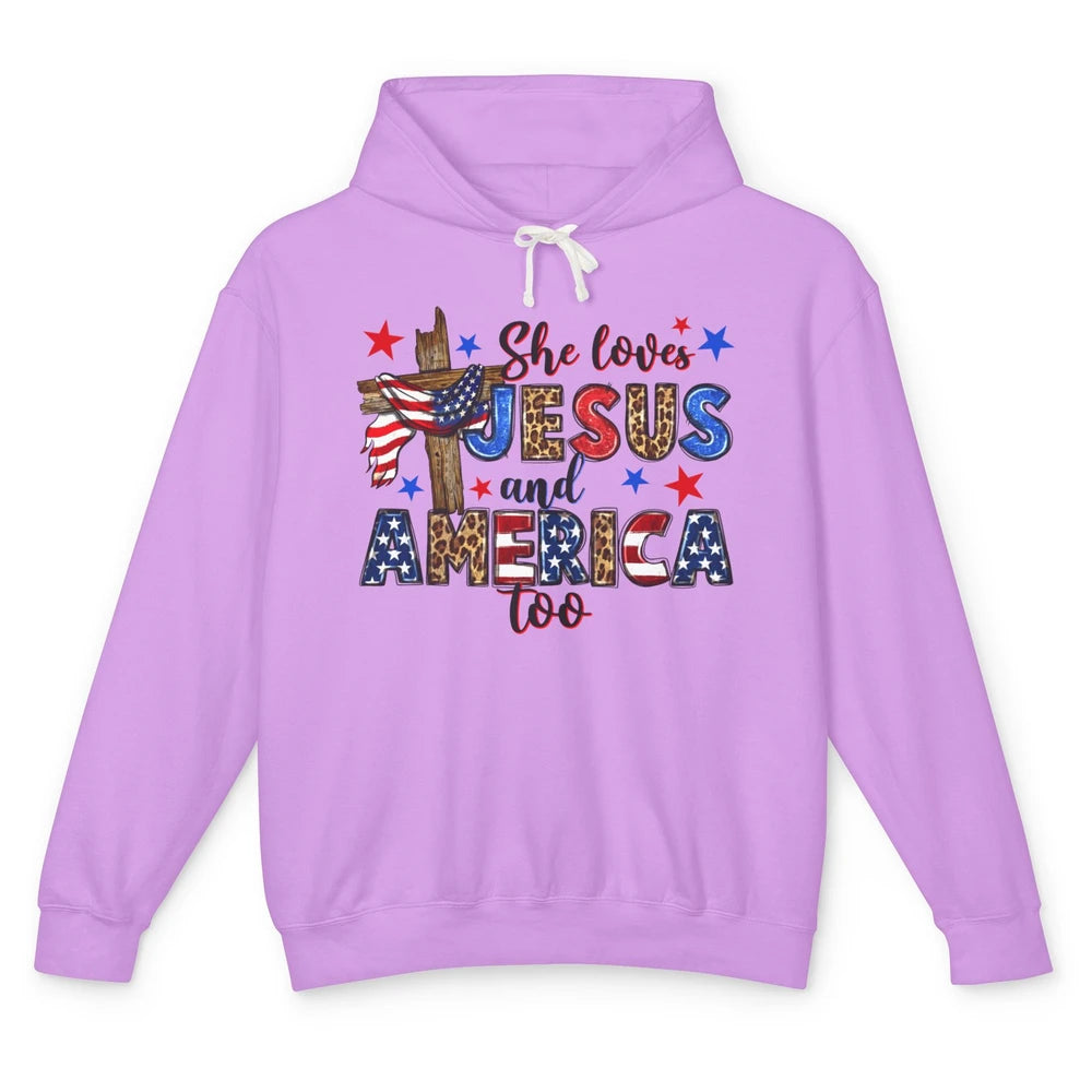 She Loves Jesus And America Too Leopard USA Flag 4th Of July Unisex Lightweight Hoodie