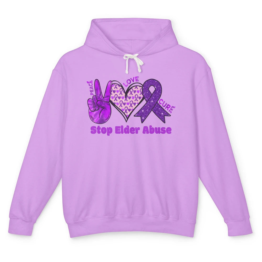 Peace Love Hope Heart Purple Ribbon Elder Abuse Awareness Unisex Lightweight Hoodie