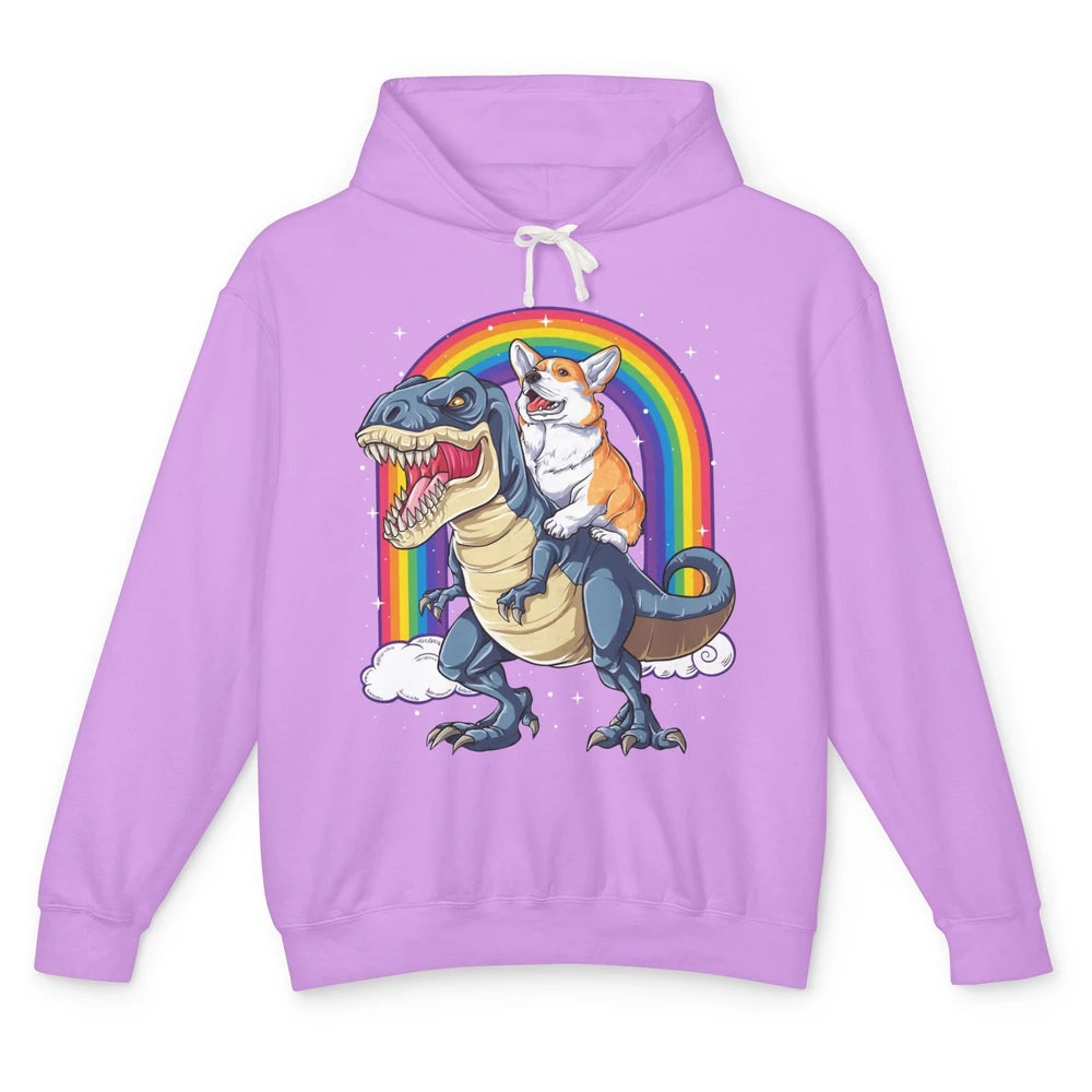 Funny Corgi Ride Dinosaur T Rex Cute Welsh Dog Pet Rainbow Unisex Lightweight Hoodie