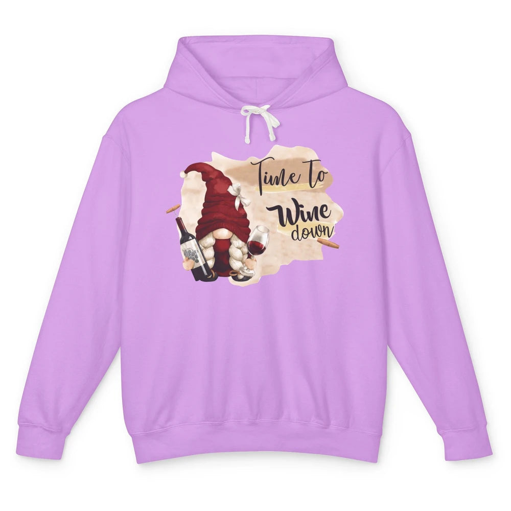 Christmas Gnome Wine It's Time to Wine Down Winter Holiday Unisex Lightweight Hoodie