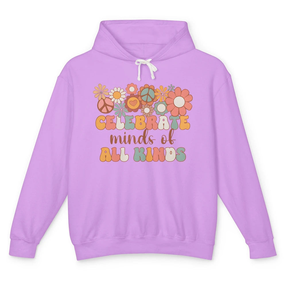 Retro Groovy Autism Celebrate Minds Of All Kind Sped Teacher Unisex Lightweight Hoodie