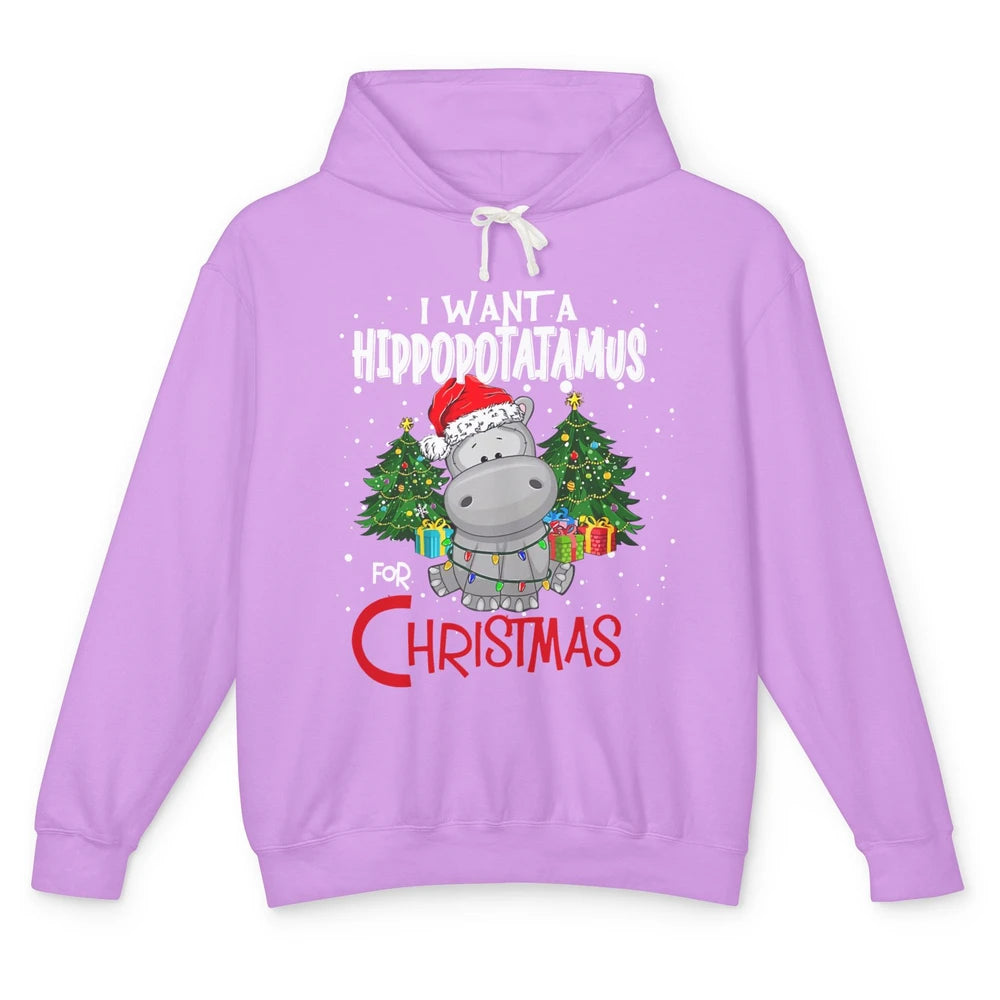 Funny I Want A Hippopotamus For Christmas Tree Hippo Santa Unisex Lightweight Hoodie