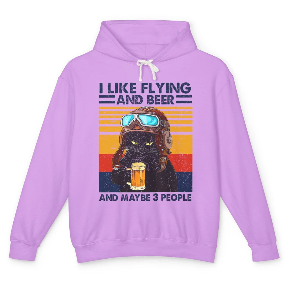 Funny Black Cat Skydiving I Like Flying Beer Maybe 3 People Unisex Lightweight Hoodie