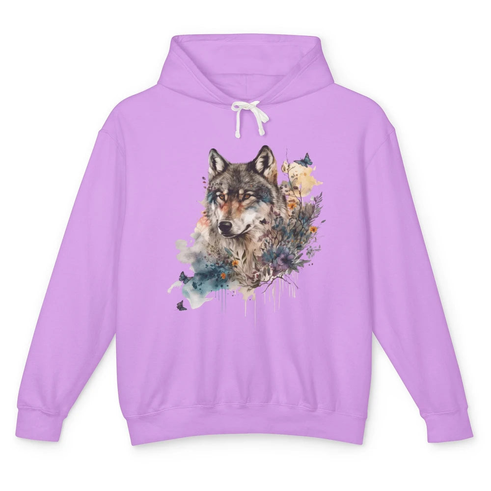 Watercolor Wolf Face Howl Butterfly Wolves Wild Animal Retro Unisex Lightweight Hoodie