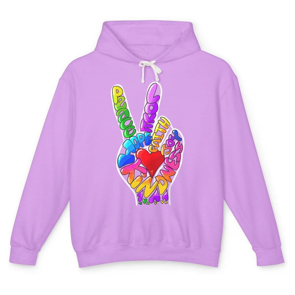 Peace Love Hope Joy Faith Kindness Word Christian Religious Unisex Lightweight Hoodie