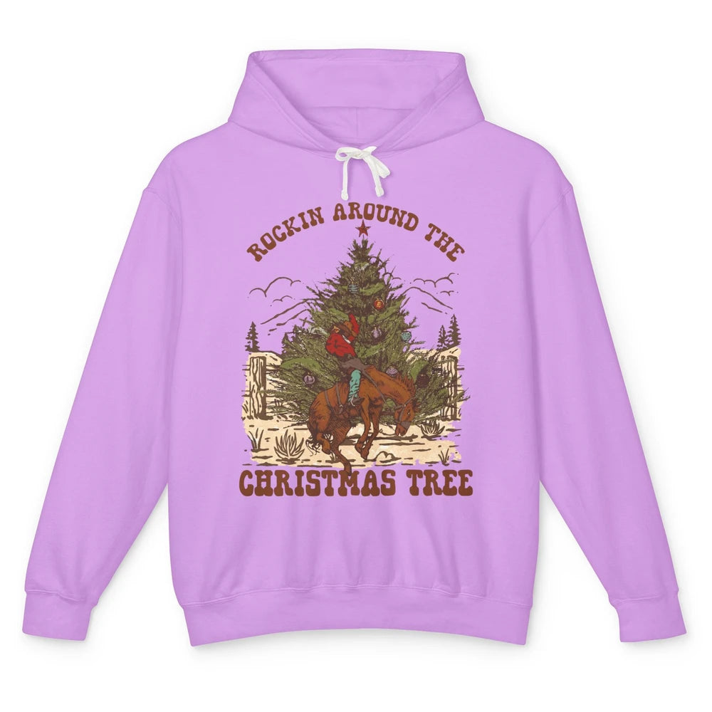 Funny Cowboy Horsing Rocking Around Christmas Tree Western Unisex Lightweight Hoodie