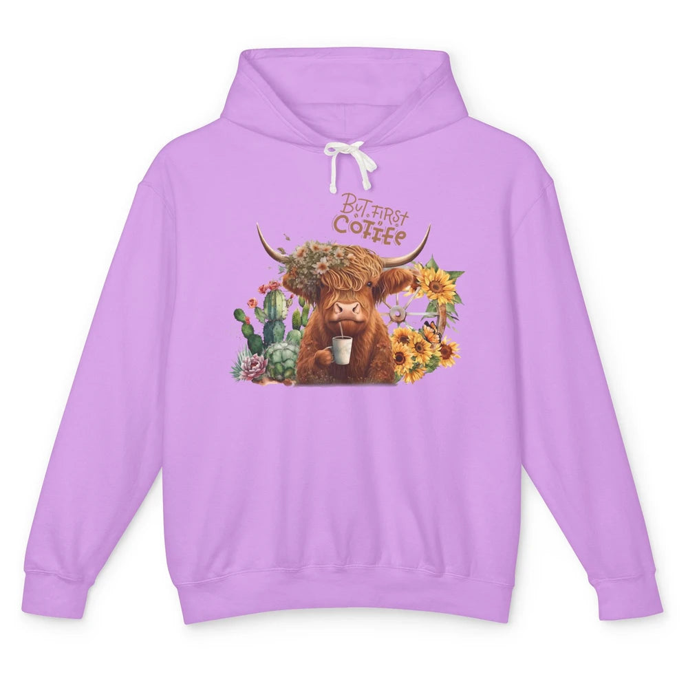 Desert Highland Cow But First Coffee Western Country Animal Unisex Lightweight Hoodie