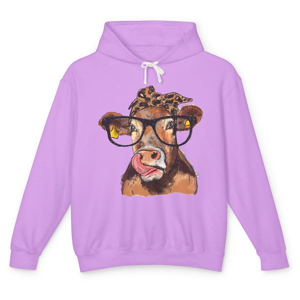 Leopard Bandana Glasses Heifer Lick Funny Cow Cattle Farmers Unisex Lightweight Hoodie