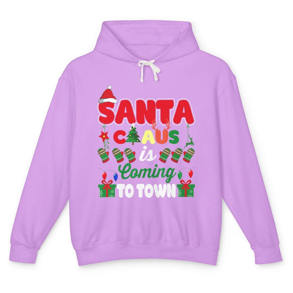 Merry Christmas Santa Claus Coming To Town Retro Xmas Lights Unisex Lightweight Hoodie