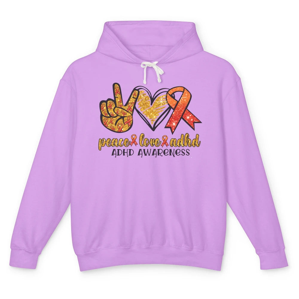 ADHD Awareness Month Peace Love ADHD Orange Ribbon Unisex Lightweight Hoodie