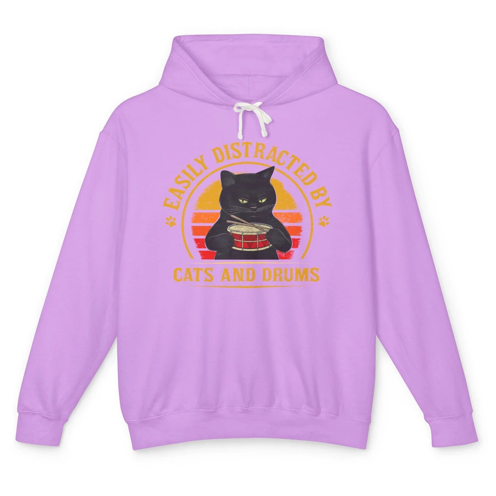 Vintage Black Cat Drummer Easily Distracted By Cat And Drums Unisex Lightweight Hoodie