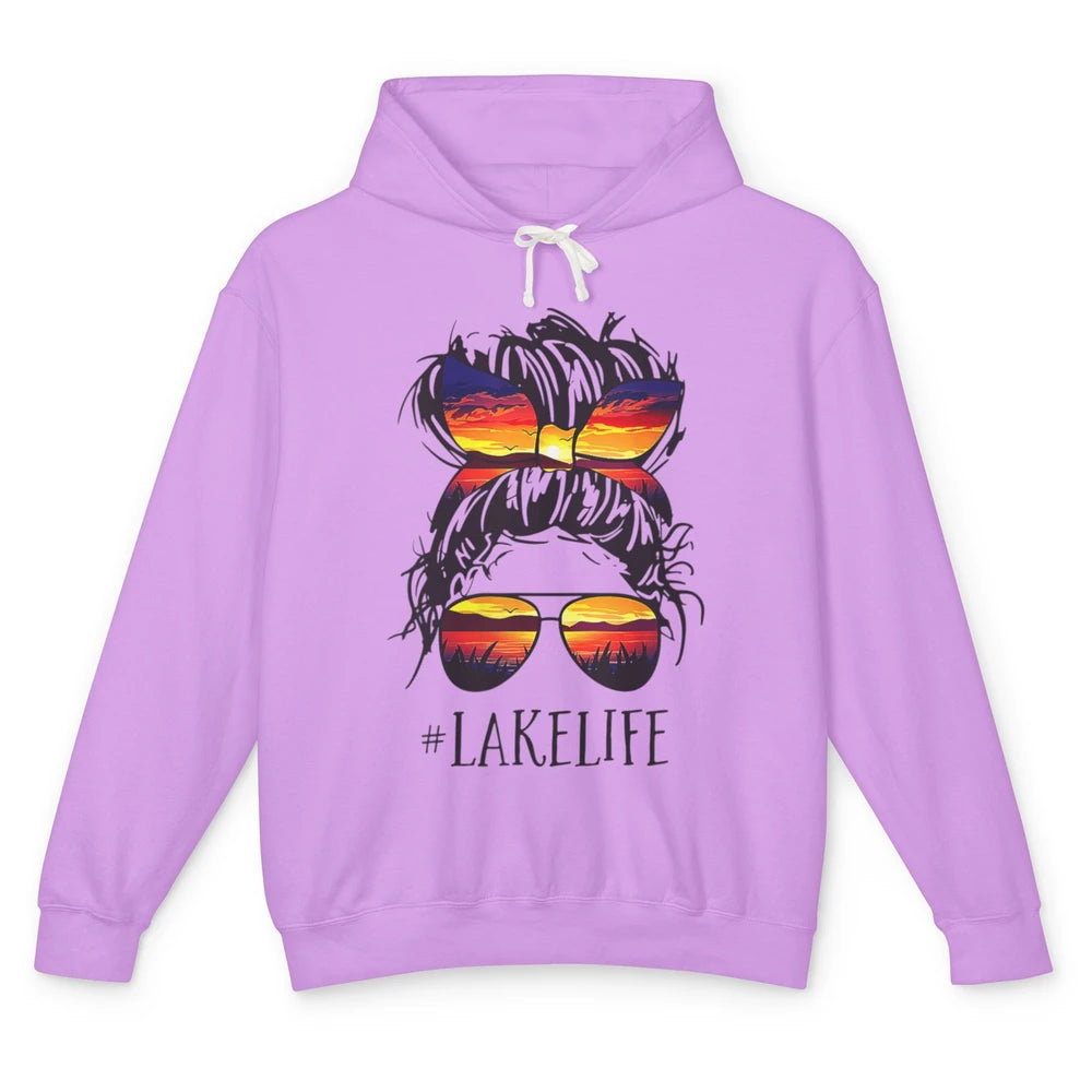 Lake Life Messy Hair Bun Woman Sunset Summer Retro Fishing Unisex Lightweight Hoodie