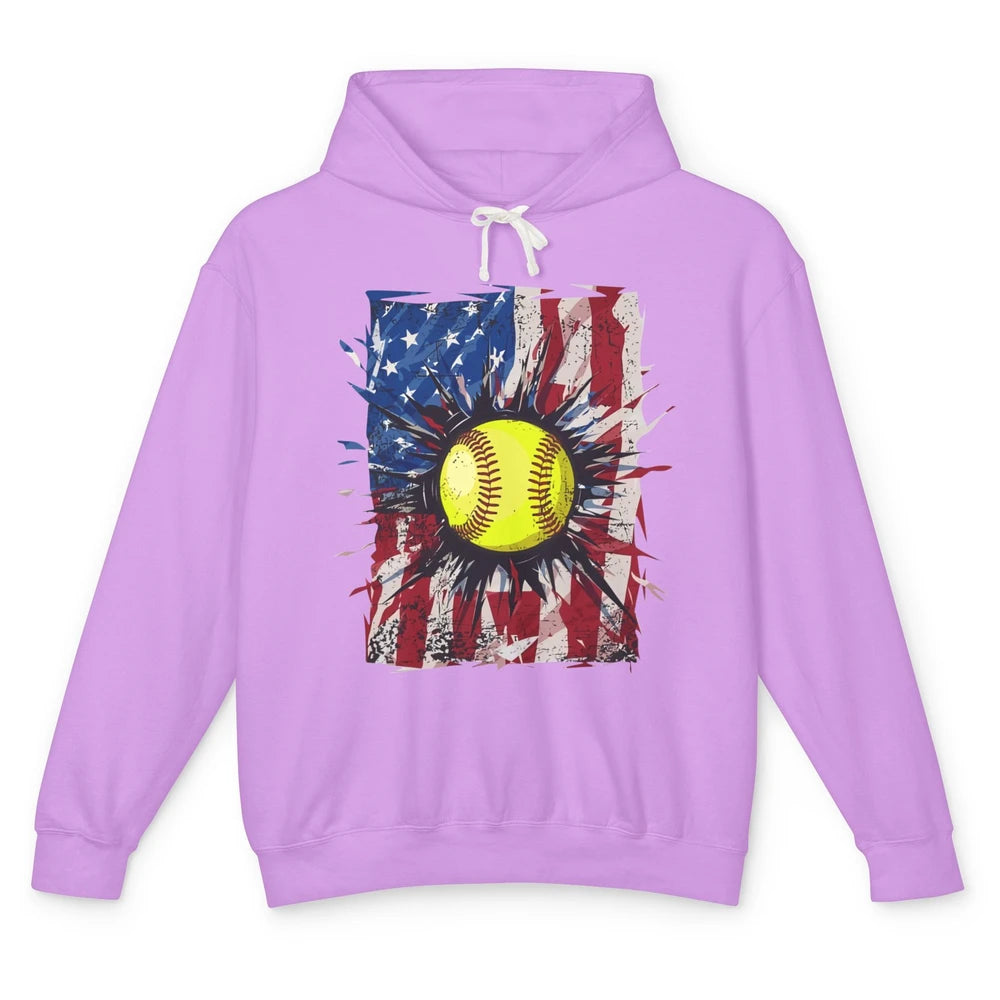 Retro US Flag Softball July 4th Baseball Players Patriotic Unisex Lightweight Hoodie