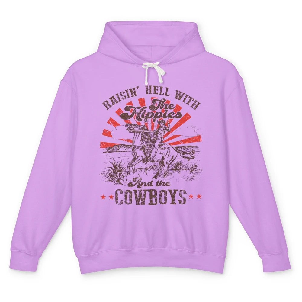 Retro Cowboy Raising Hell With Hippies And Cowboy Western Unisex Lightweight Hoodie