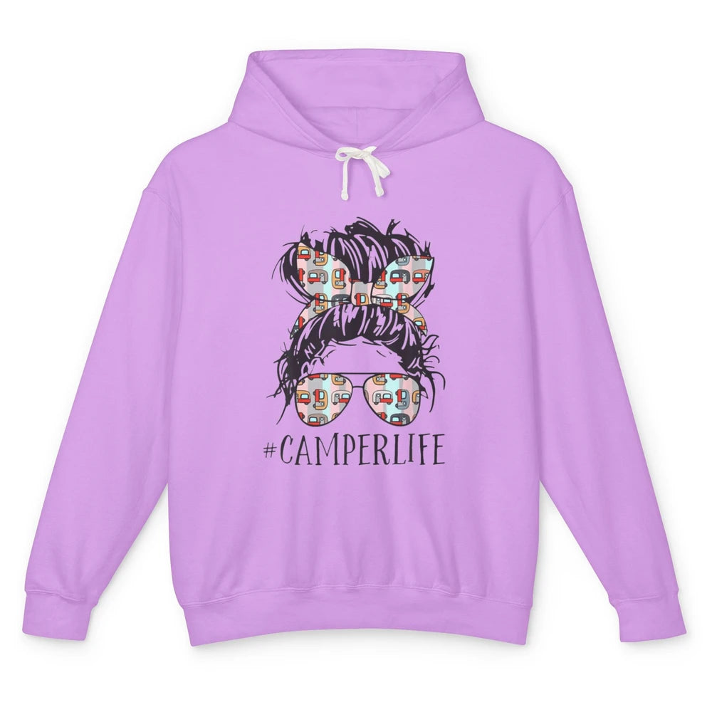 Camper Life Messy Bun Hair Mom Camping Outdoor Mothers Day Unisex Lightweight Hoodie