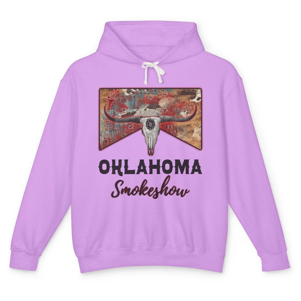 Boho Bull Skull Cow Print Oklahoma Smokeshow Western Country Unisex Lightweight Hoodie