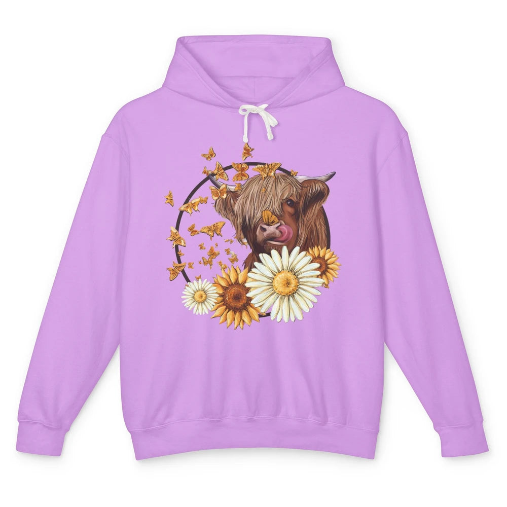 Highland Cow Sunflowers And Daisies Cow Flower Farm Country Unisex Lightweight Hoodie