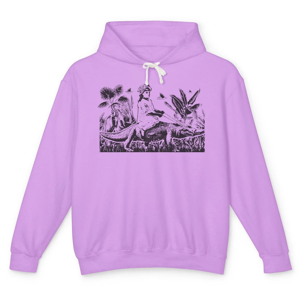 Retro Florida Tropical Land Girl Riding Alligator Summer Unisex Lightweight Hoodie