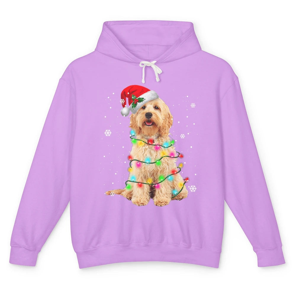 Merry Christmas Golden Doodle Dog Santa Hat Xmas Tree Lights Unisex Lightweight Hoodie