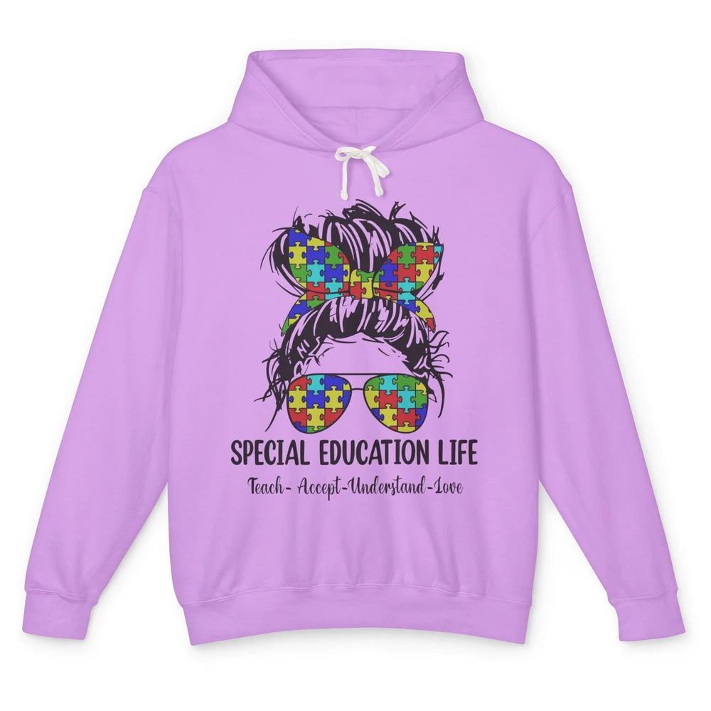 Special Education Teacher Messy Bun Autism Teach Accept Love Unisex Lightweight Hoodie