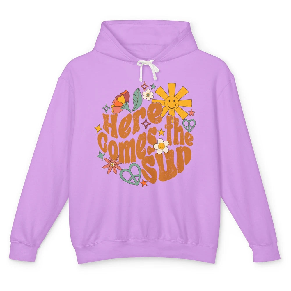 Retro Daisy Rainbow Sunrise Here Comes The Sun Hippie Girl Unisex Lightweight Hoodie