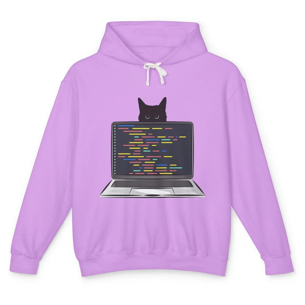 Funny Software Engineer Black Cat Coding Computer Code Humor Unisex Lightweight Hoodie