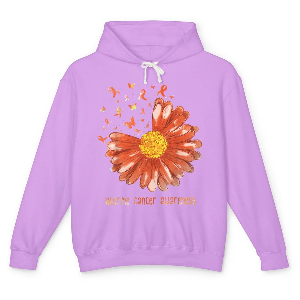 Daisy Butterfly Peach Ribbon Warrior Uterine Cancer Month Unisex Lightweight Hoodie