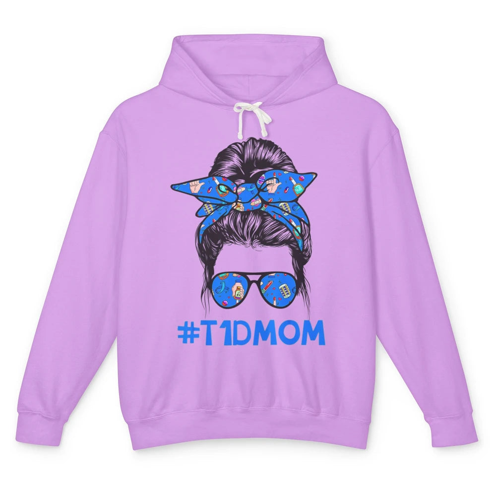 T1D Proud Mom Leopard Messy Bun Warrior Diabetes Awareness Unisex Lightweight Hoodie