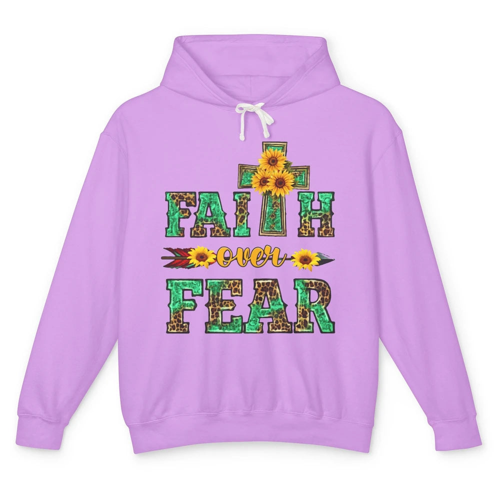 Leopard Sunflower Cross Faith Over Fear Christian Religious Unisex Lightweight Hoodie