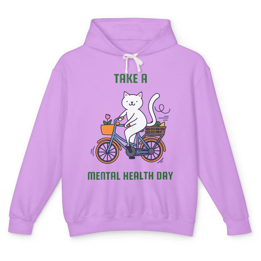 Take A Mental Health Day Cute Cat Bike Positive Therapist Unisex Lightweight Hoodie