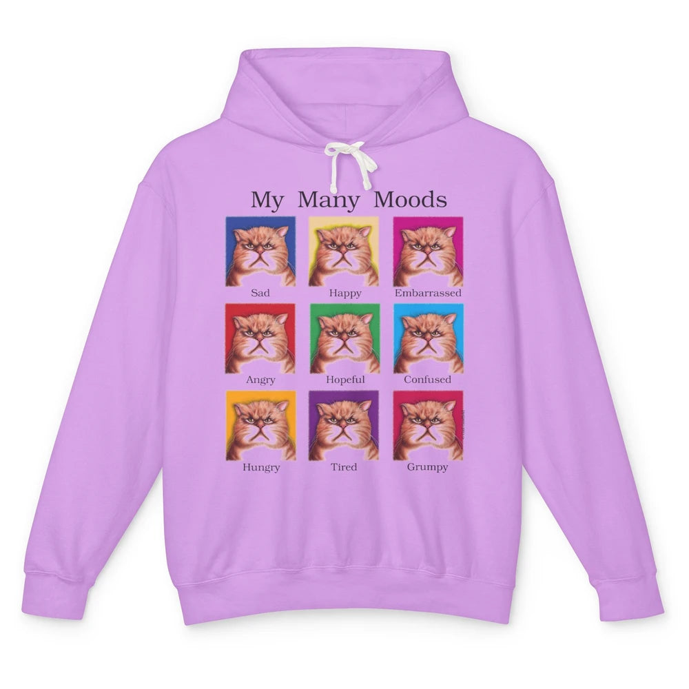 Funny My Many Moods Orange Cat Grumpy Face Kitten Pet Mom Unisex Lightweight Hoodie