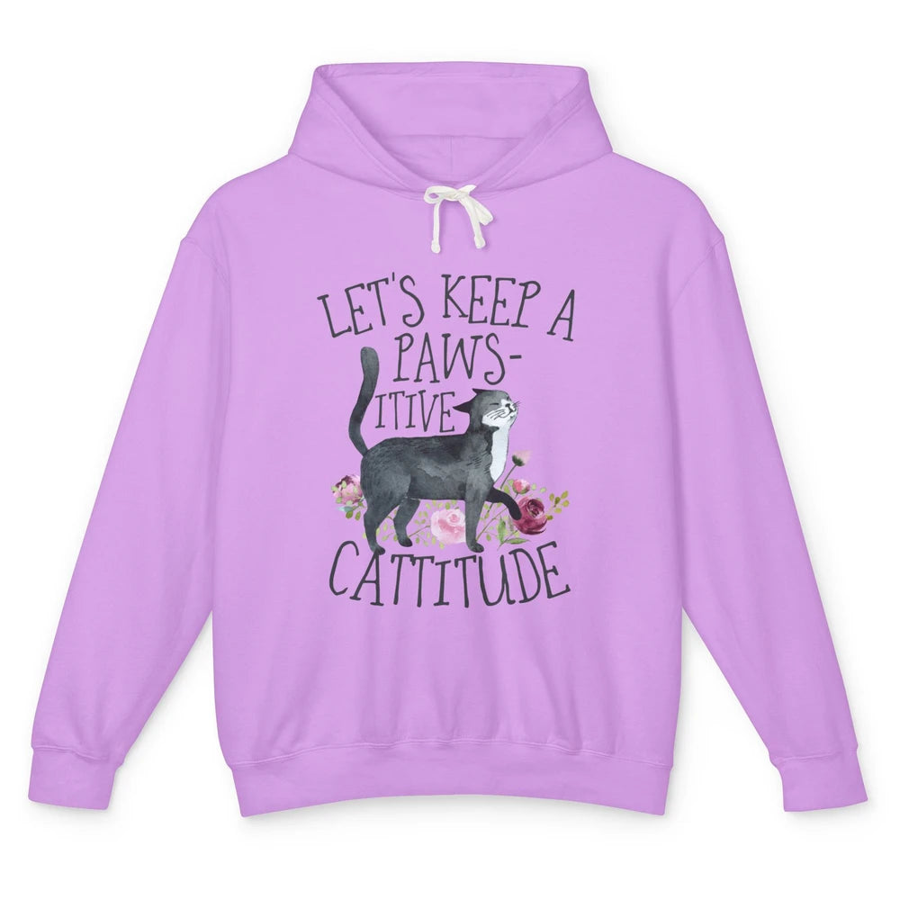 Watercolor Black Cat Lets Keep Pawsitive Cattitude Positive Unisex Lightweight Hoodie