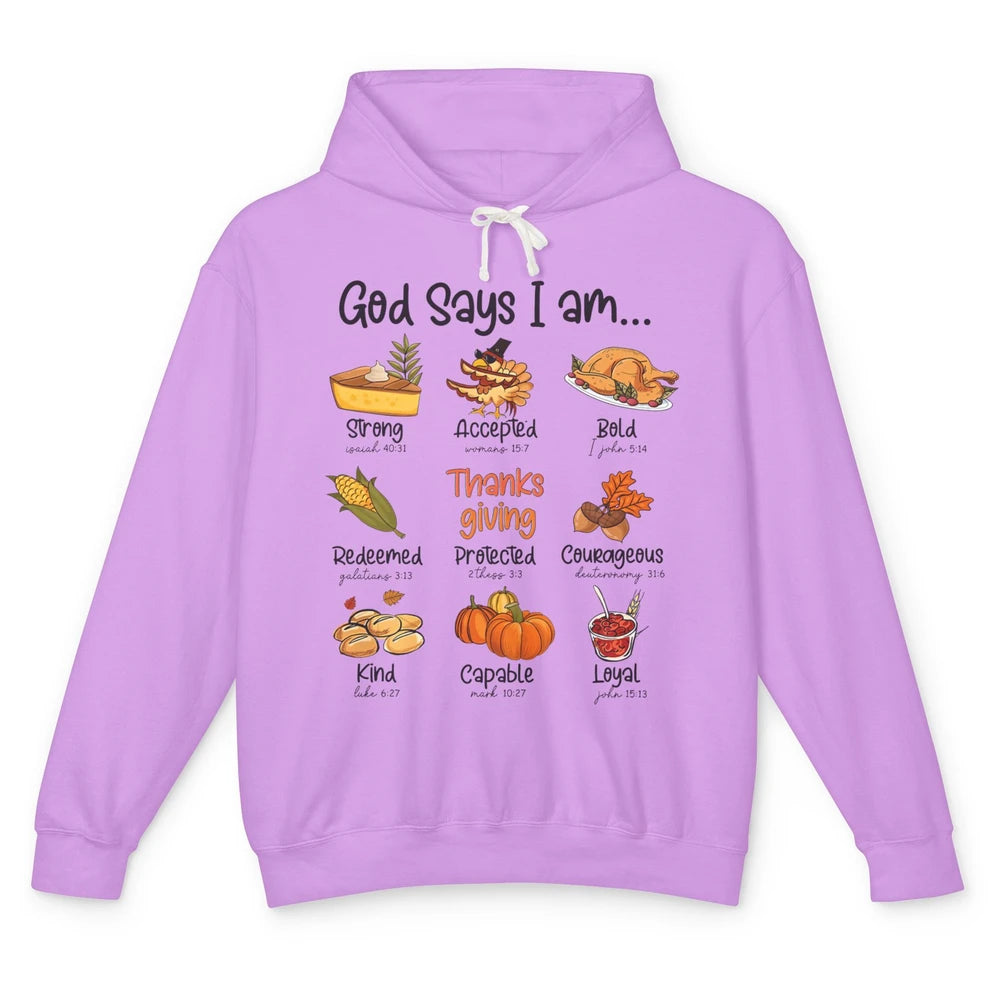 Retro Thanksgiving Turkey God Says I Am Bible Christian Fall Unisex Lightweight Hoodie