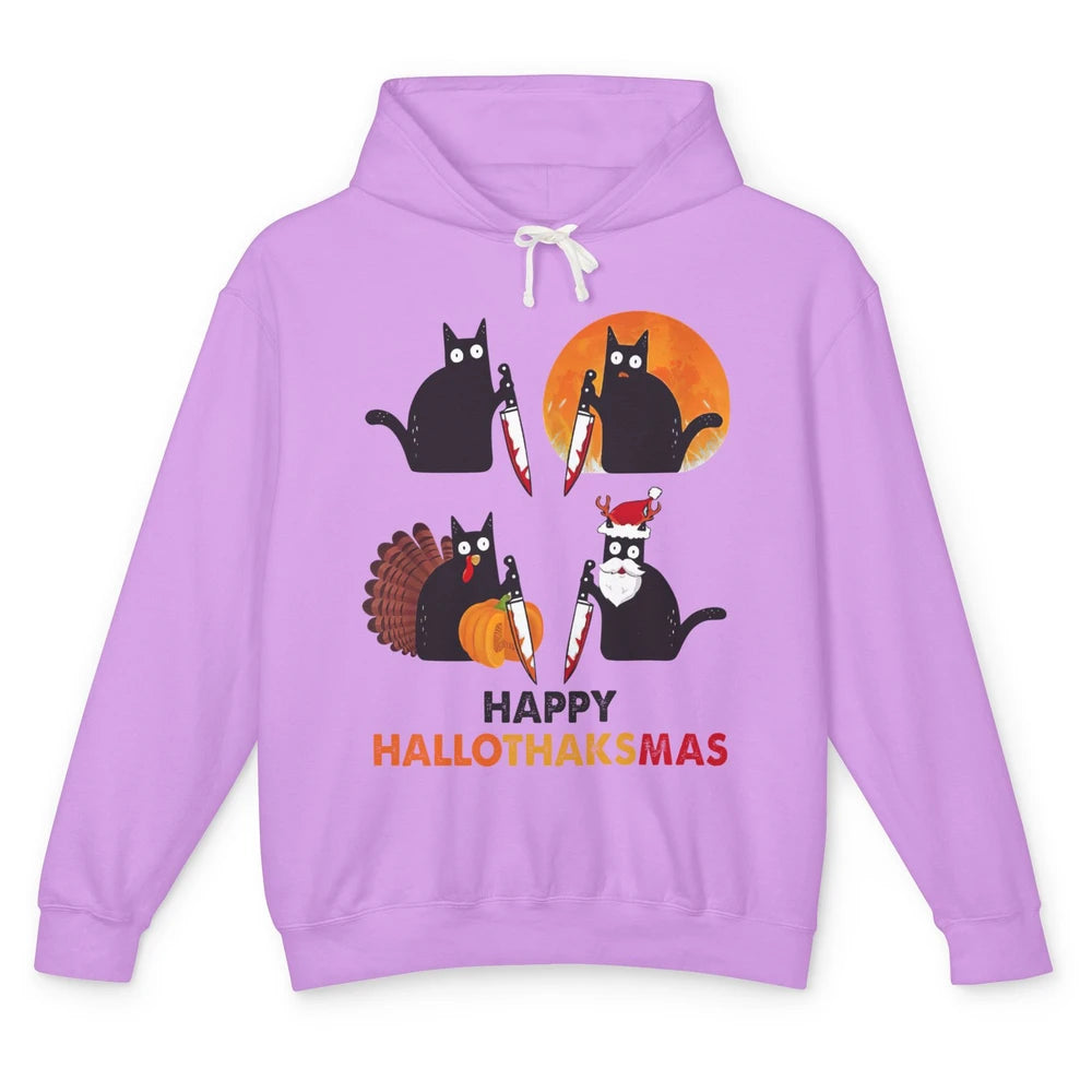 Funny Murderous Cat Turkey Hallo-thank-mas Thanksgiving Xmas Unisex Lightweight Hoodie