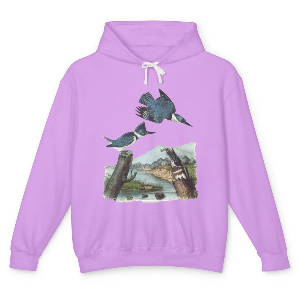 Watercolor Belted Kingfisher Bird Eat Fish Nature Birding Unisex Lightweight Hoodie