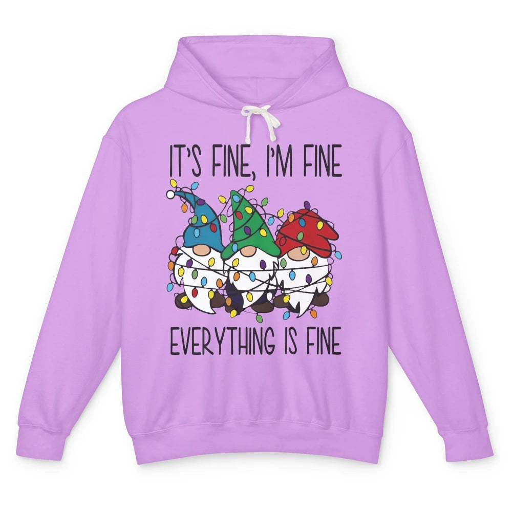 Funny Gnomes Christmas Light I'm Fine Everything's Fine Unisex Lightweight Hoodie