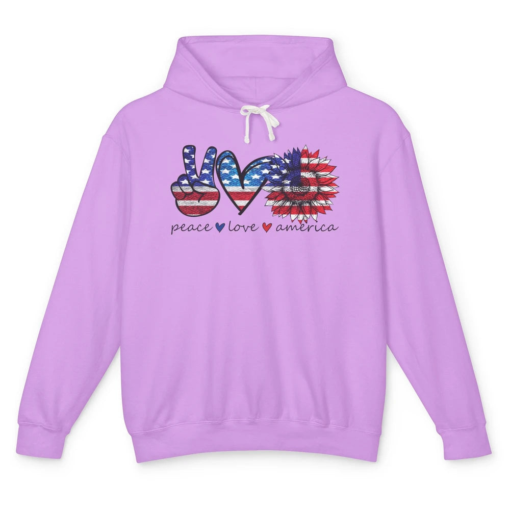 Peace Love America Flag Sunflower 4th of July Memorial Day Unisex Lightweight Hoodie