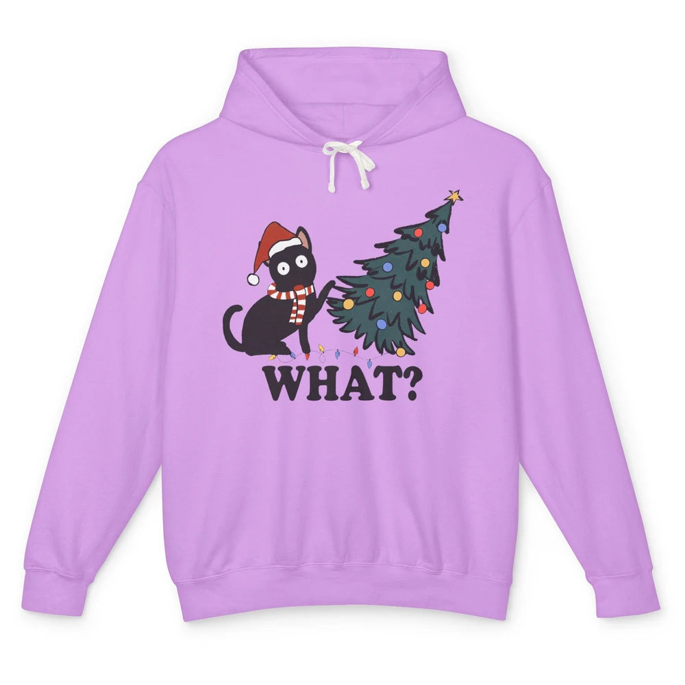 Funny Black Cat Pushing Christmas Tree What? Christmas Cat Unisex Lightweight Hoodie