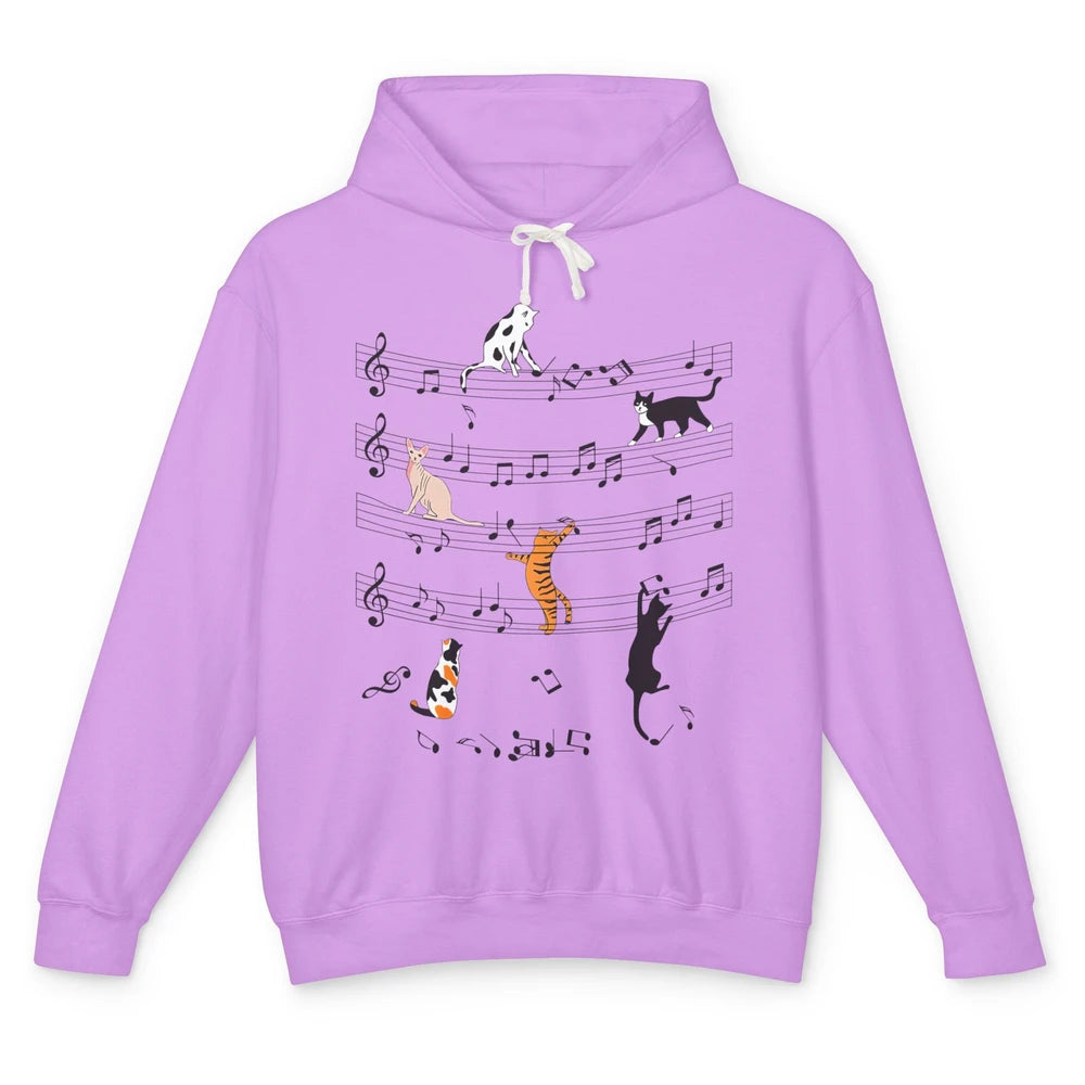 Cat On Music Sheets Cute Music Notes Funny Cat Musician Unisex Lightweight Hoodie