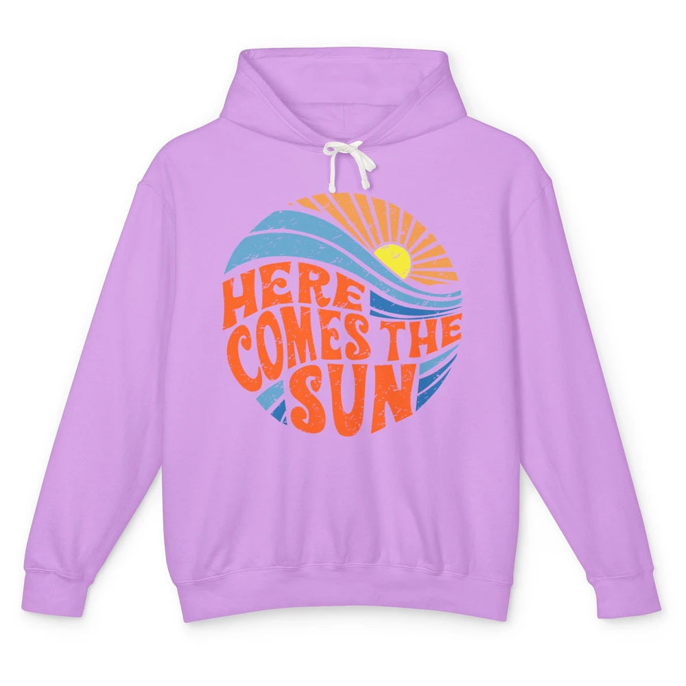 Retro Rainbow Sunrise Here Comes The Sun Hippie Girl Unisex Lightweight Hoodie