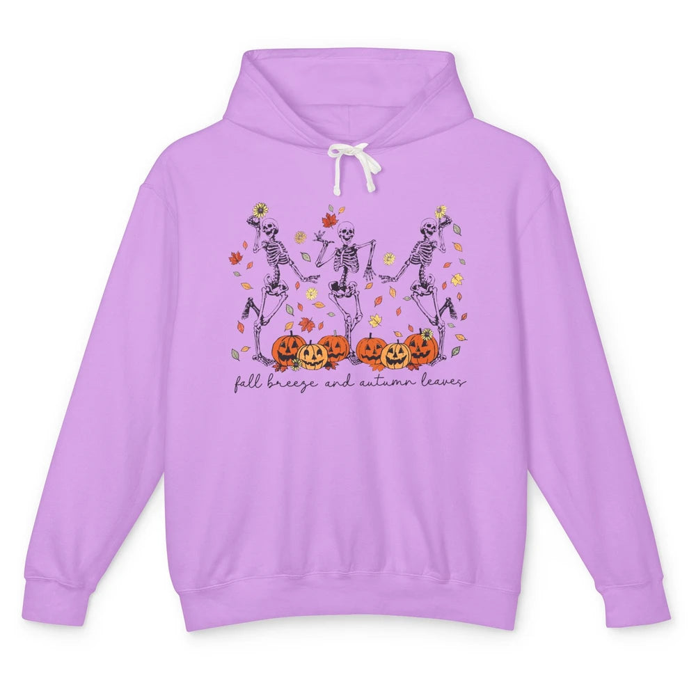 Retro Pumpkin Dancing Skeleton Fall Breeze And Autumn Leaves Unisex Lightweight Hoodie