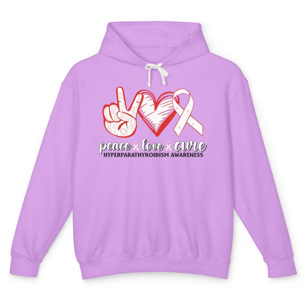 Hyperparathyroidism Awareness Red Ribbon Peace Love Cure Unisex Lightweight Hoodie