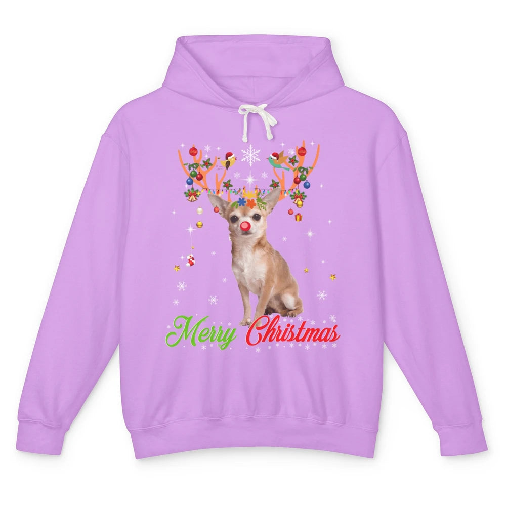 Merry Christmas Chihuahua Dog Santa Hat Xmas Reindeer Lights Unisex Lightweight Hoodie